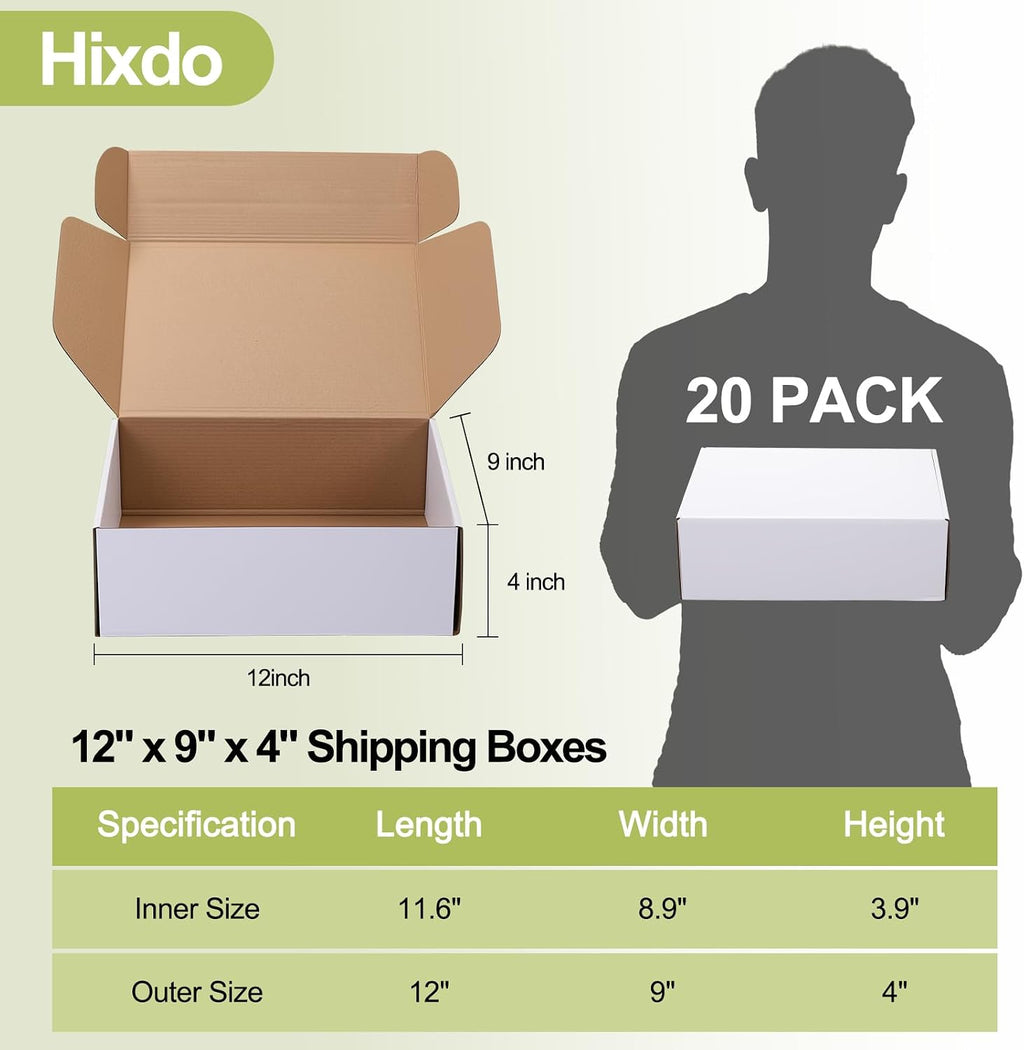 Large Shipping Boxes 20 Pack, 12x9x4 Inch Mailer Boxes, White