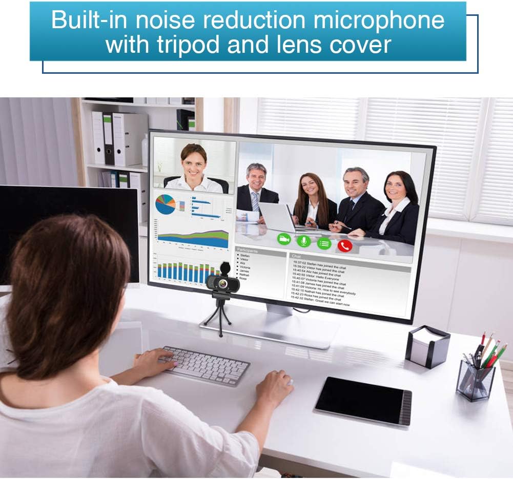 1080P Webcam with Microphone, HD Web Camera with Tripod Stand, Auto Light Correction, Privacy Cover, 110° FOV
