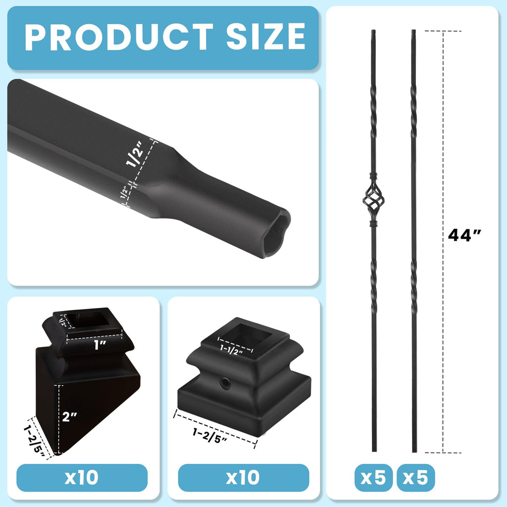 1/2" Square Iron Balusters - Single Basket & Double Twist - 10p