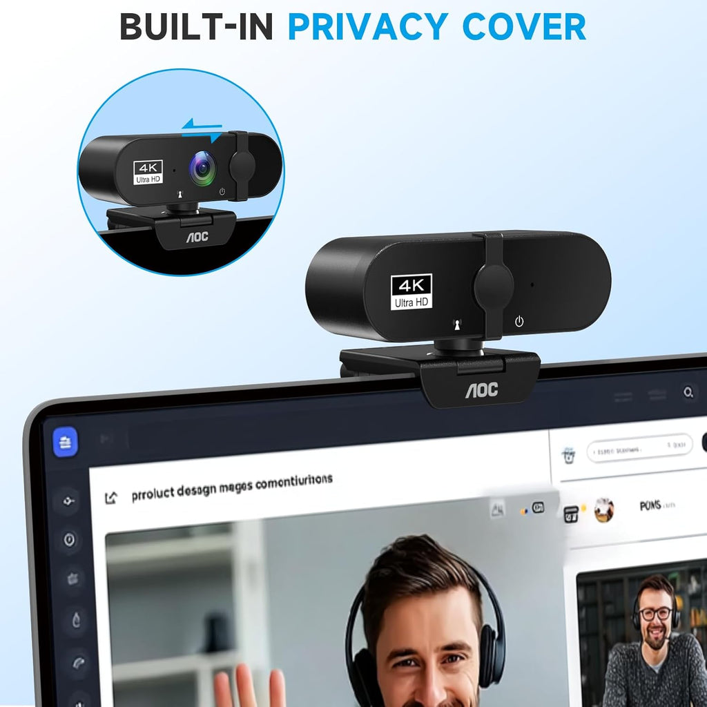 4k Webcam for PC with Microphone, Computer Camera with Noise Cancellation, Privacy Cover, 99° FOV, Plug & Play USB