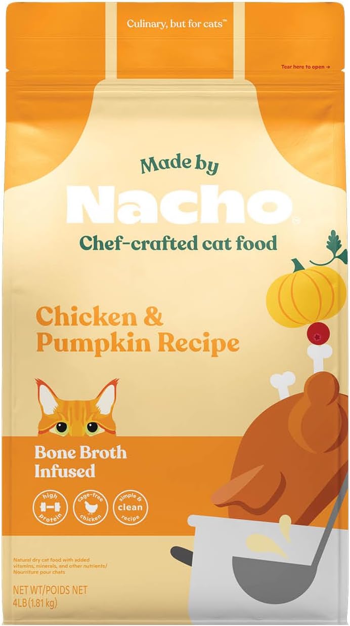 Dry Cat Kibble 4lb Bag, High Protein and Grain-Friendly Premium Cat Food, Cage-Free Chicken & Pumpkin Recipe, Infused