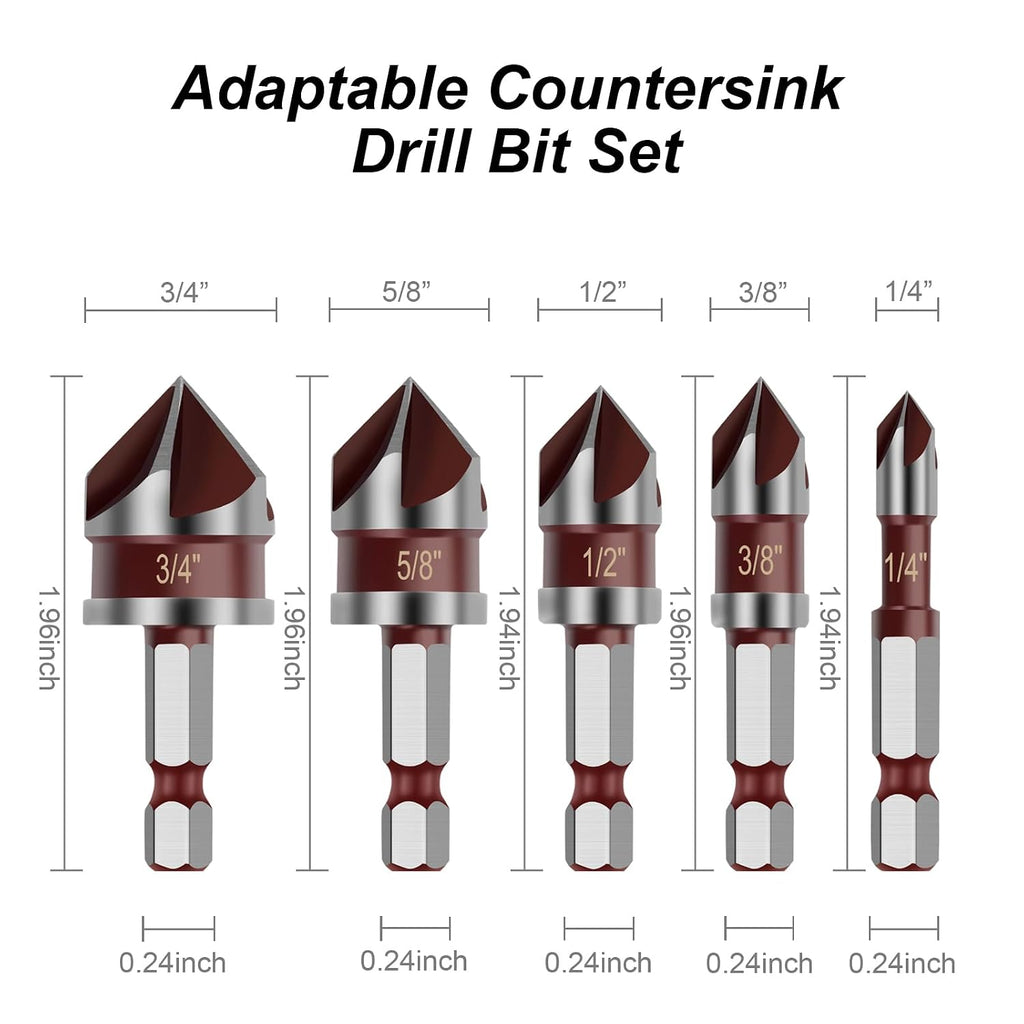 Countersink Drill Bit, 5PCS HSS Hex Shank Countersink Drill Bit Set