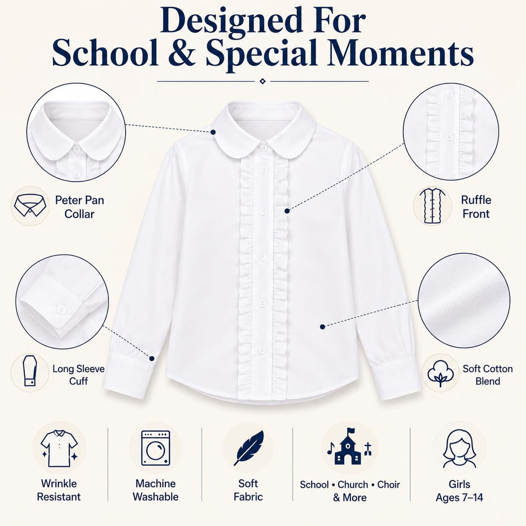 Girl White Ruffle Blouse: Wrinkle-Free School Uniform | Long Sleeve Cotton Collared Dress Shirt, No See-Through