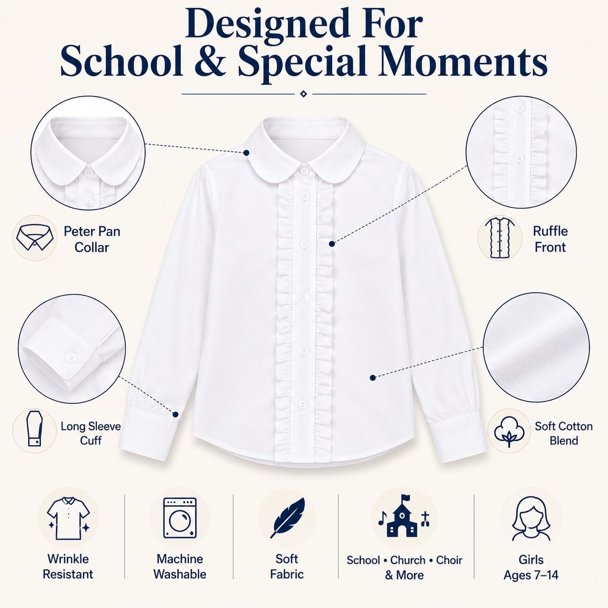Girl White Ruffle Blouse: Wrinkle-Free School Uniform | Long Sleeve Cotton Collared Dress Shirt, No See-Through