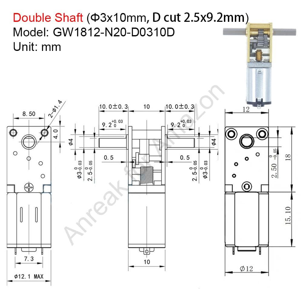 2Pcs DC 12V 68RPM Φ3x10mm Double Shaft GW1812 N20 Small DC Worm Drive Motor 3-12V 4-381RPM High Torque Gearbox (12-68)