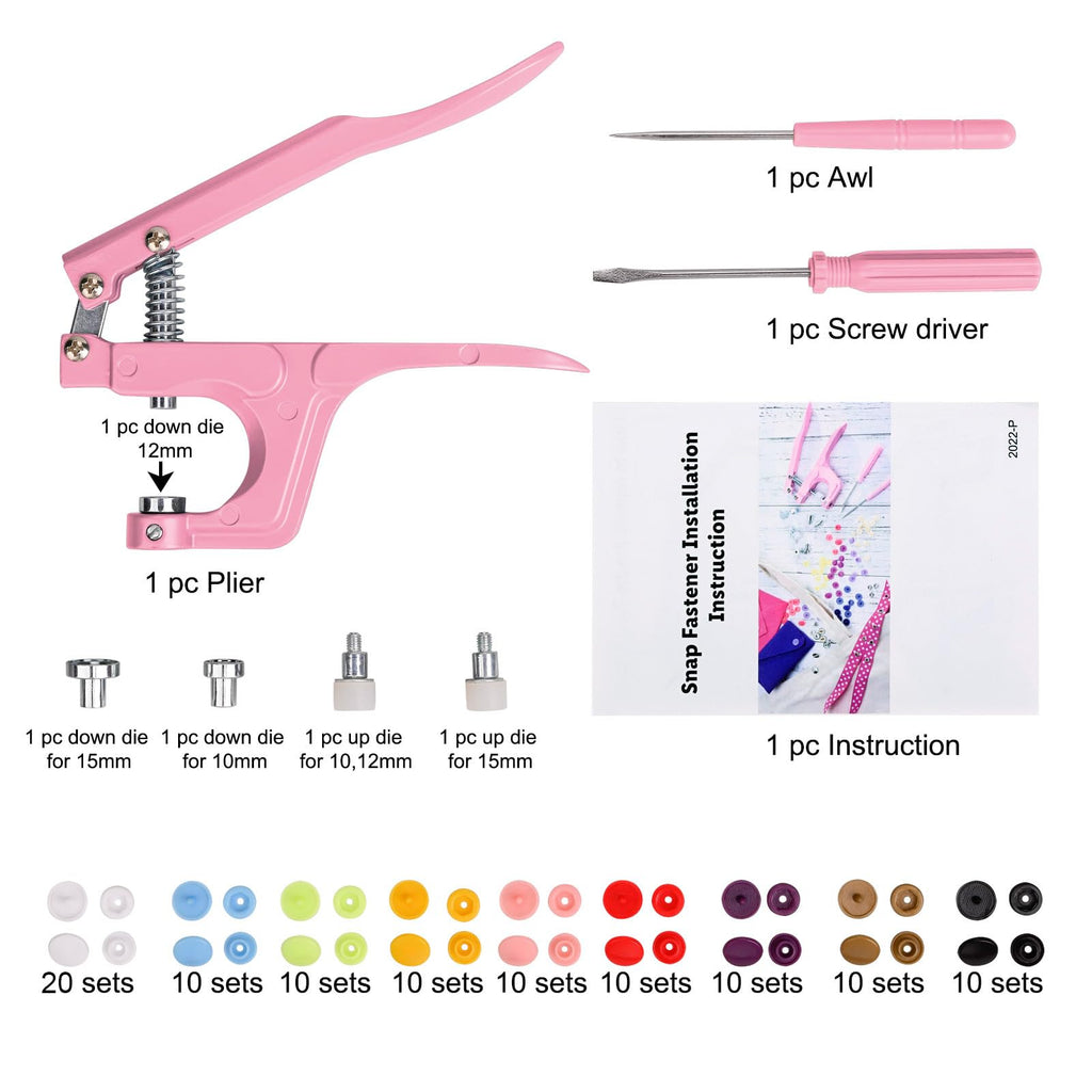 Plastic Snap Fastener Kit with Plier, Pink