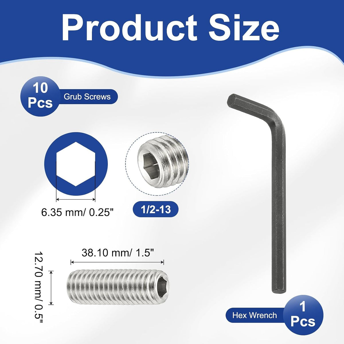 PATIKIL 1/2-13x1-1/2 Hex Socket Grub Screws, 10 Pcs Cup Point Set Screw with Wrench