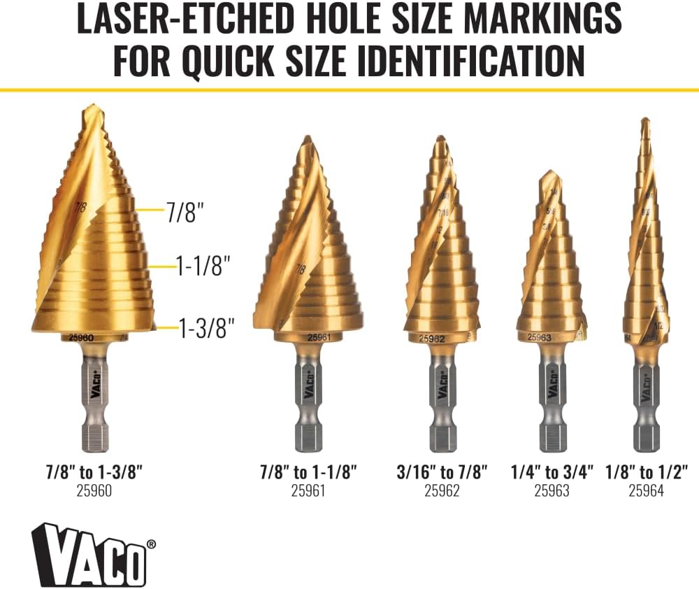 Klein Tools 25960 Step Drill Bit, 7/8 to 1-3/8-Inch, Spiral Double-Fluted, Cut Thin Metal, Plastic, Aluminum, Wood, 1/4-Inch Hex Shank, VACO