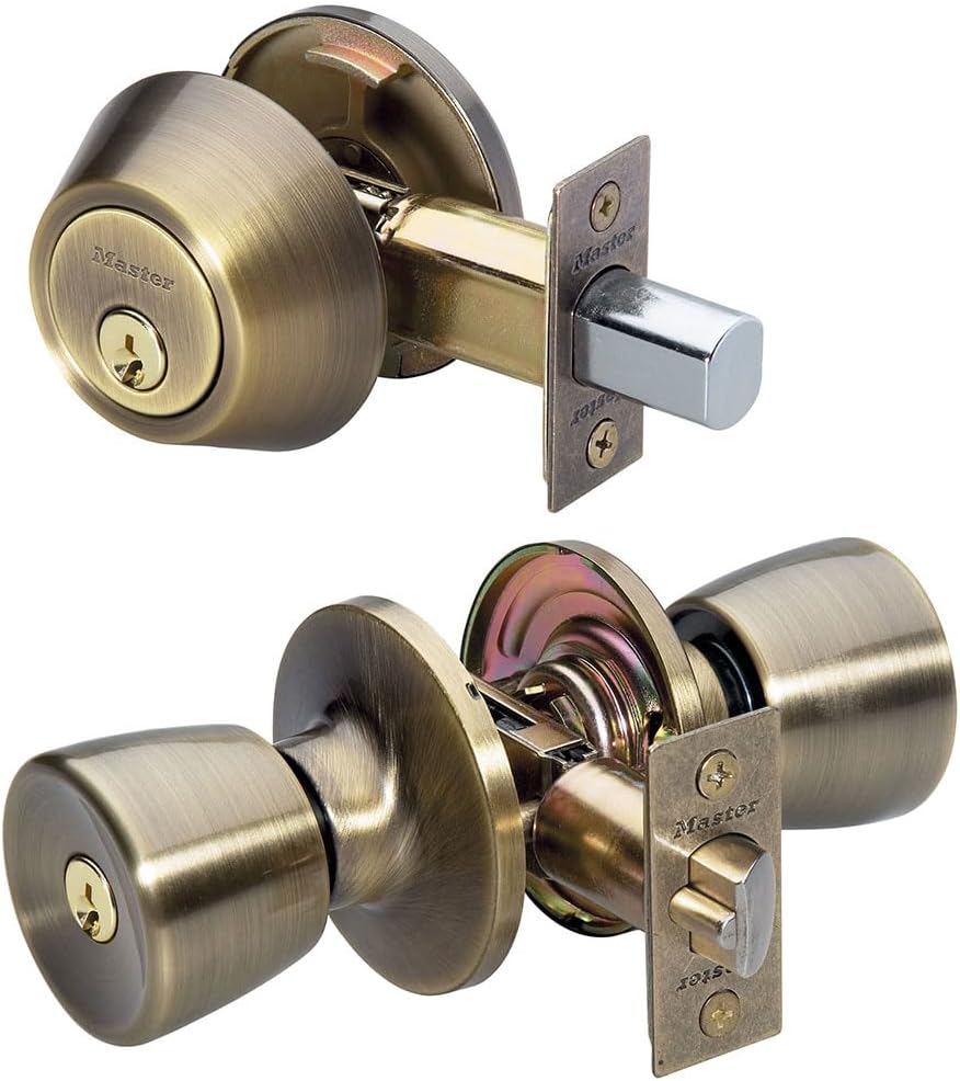 Keyed Entry Door Lock, Single Cylinder Deadbolt with Matching Tulip Style Knob, Antique Brass, TUCO0605,Combo
