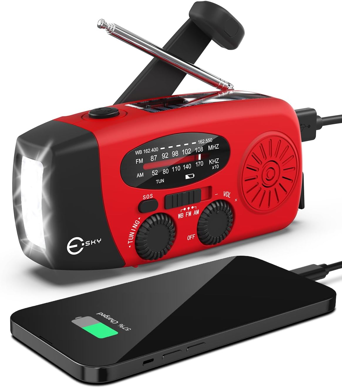 Emergency Hand Crank Radio 7400mWh with 3 LED Flashlight, AM/FM/NOAA Portable Weather Radio with Built-in 2000mAh