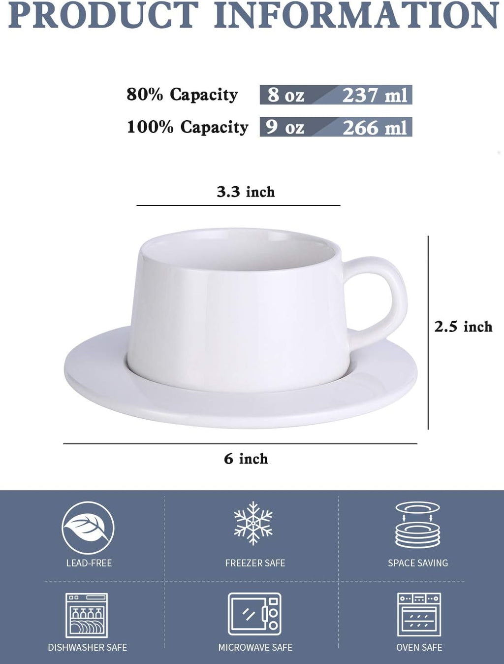 Porcelain Stackable Cappuccino Cups with Saucers - 8 Ounce for Specialty Coffee Drinks, Cappuccino, Latte, Americano