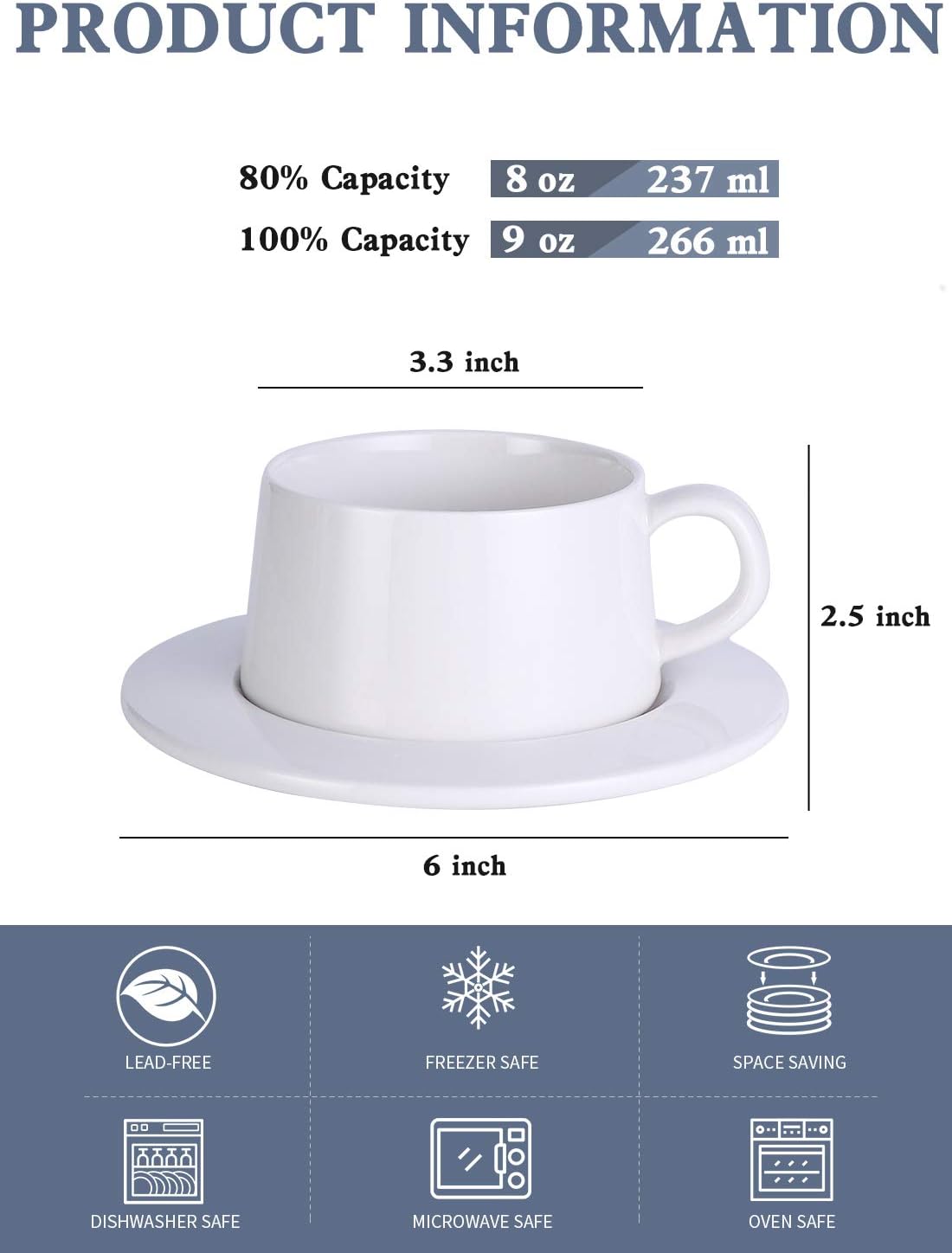 Porcelain Stackable Cappuccino Cups with Saucers - 8 Ounce for Specialty Coffee Drinks, Cappuccino, Latte, Americano