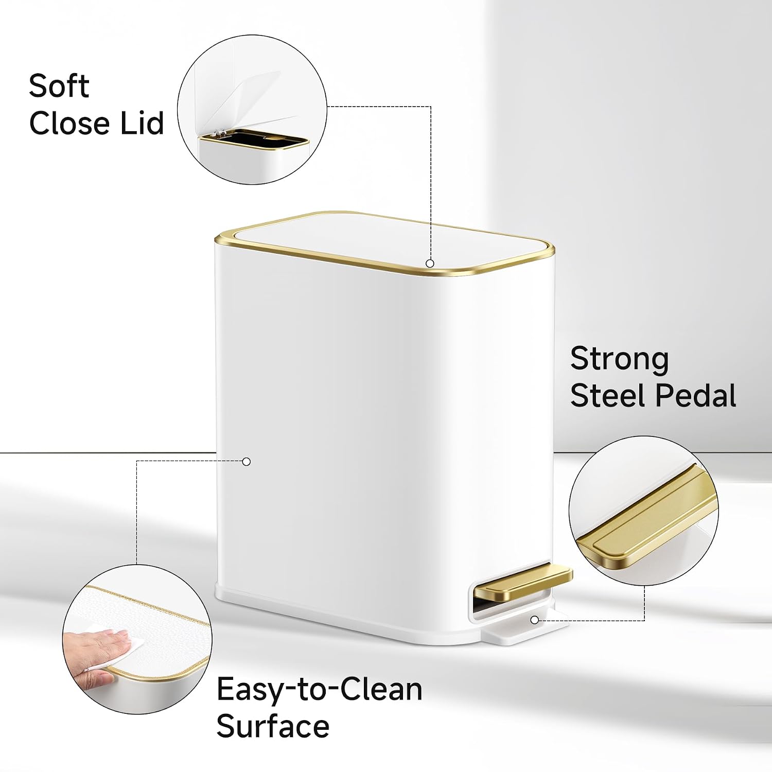 Small Bathroom Trash Can with Lid Soft Close, Step Pedal, 5 Liter / 1.3 Gallon Stainless Steel Trash Bin, Slim