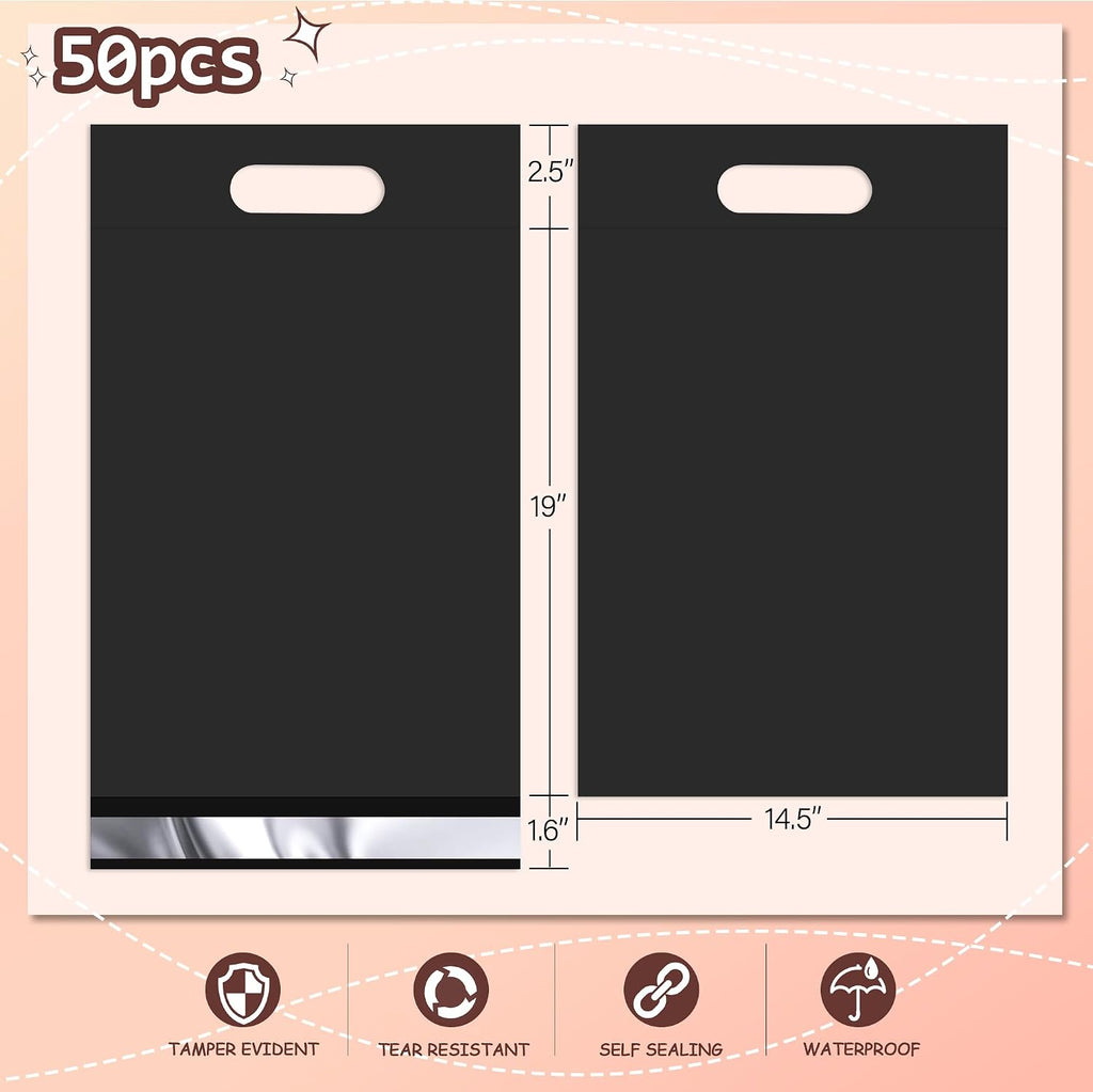 Black Poly Mailers with Handle, 14.5x19 Inch 50 Pcs