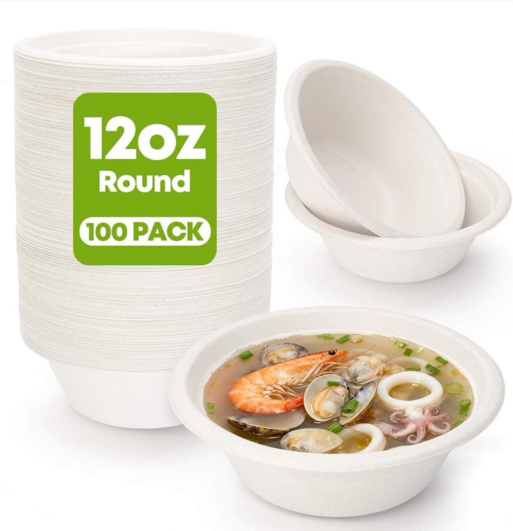 12 oz Paper Bowls Disposable 100-Count, Compostable Bagasse Bowls
