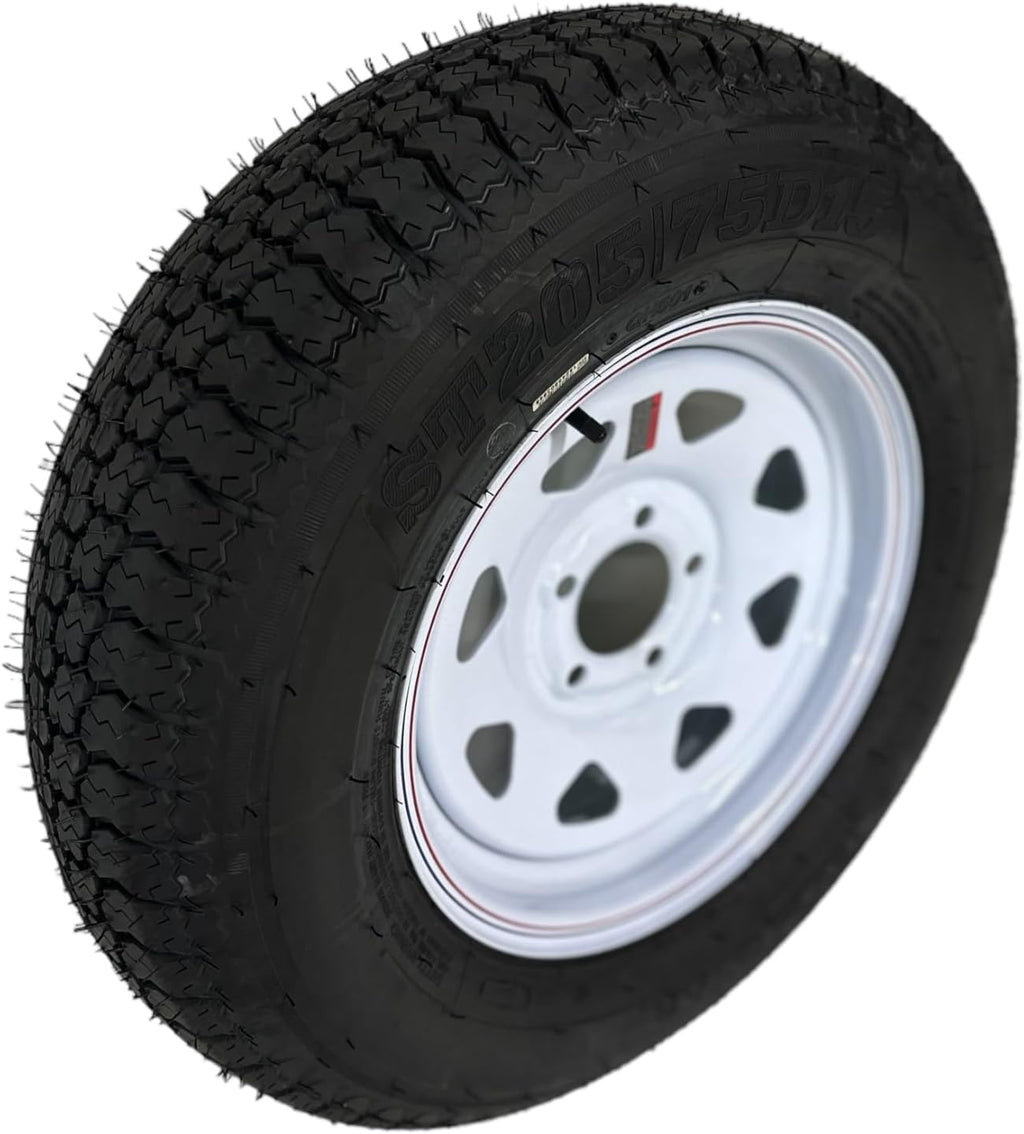 St205/75D15 Tex Star Trailer Tire On Rim, Load Range C 6 Ply Bias, 5 Lug White Spoke Wheel With 5X4.5" Bolt Pattern.