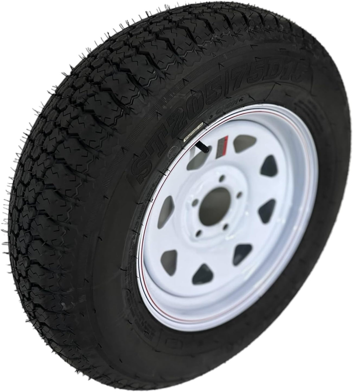 St205/75D15 Tex Star Trailer Tire On Rim, Load Range C 6 Ply Bias, 5 Lug White Spoke Wheel With 5X4.5" Bolt Pattern.