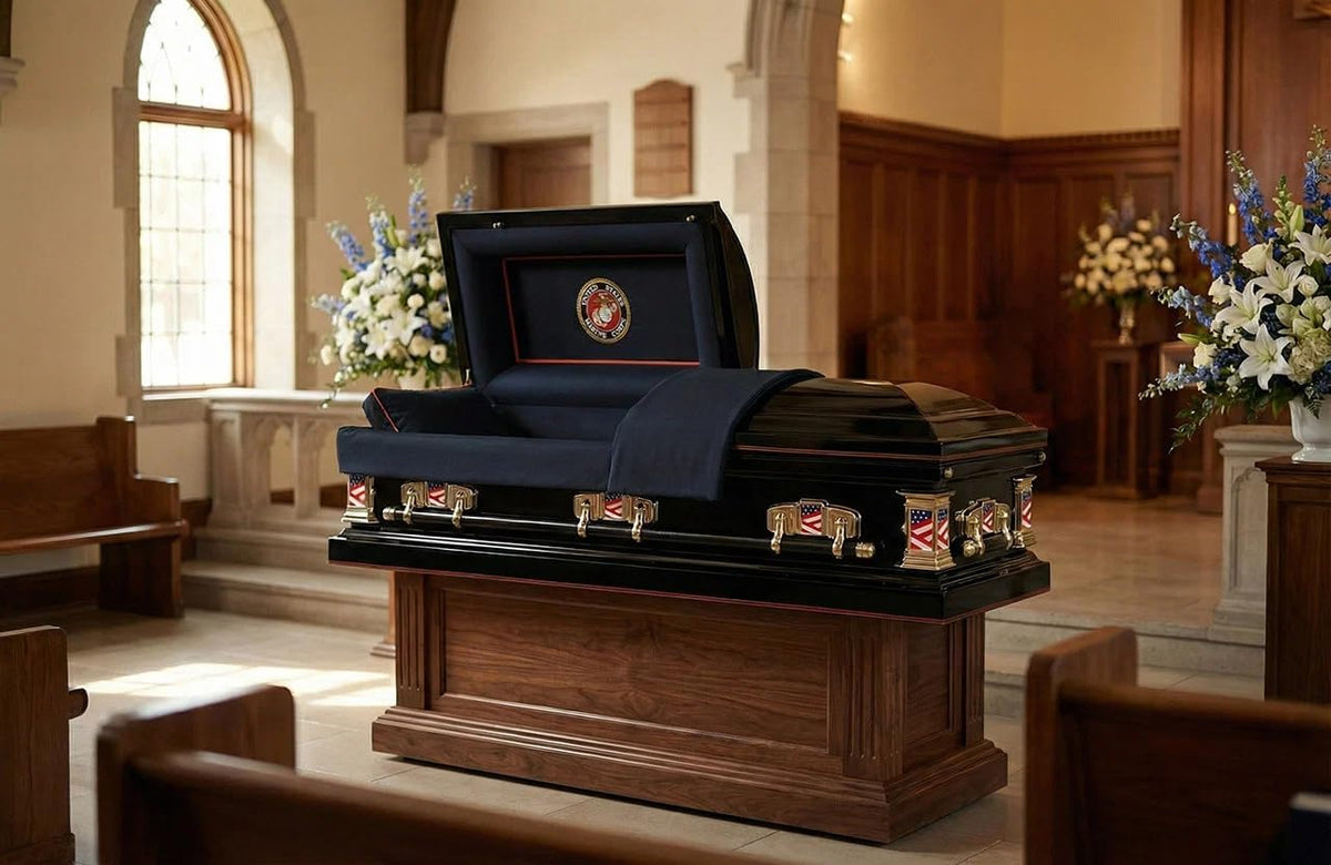 Veterans Marine Metal Casket w/Black Interior - Gold Accents & Gasket Lock