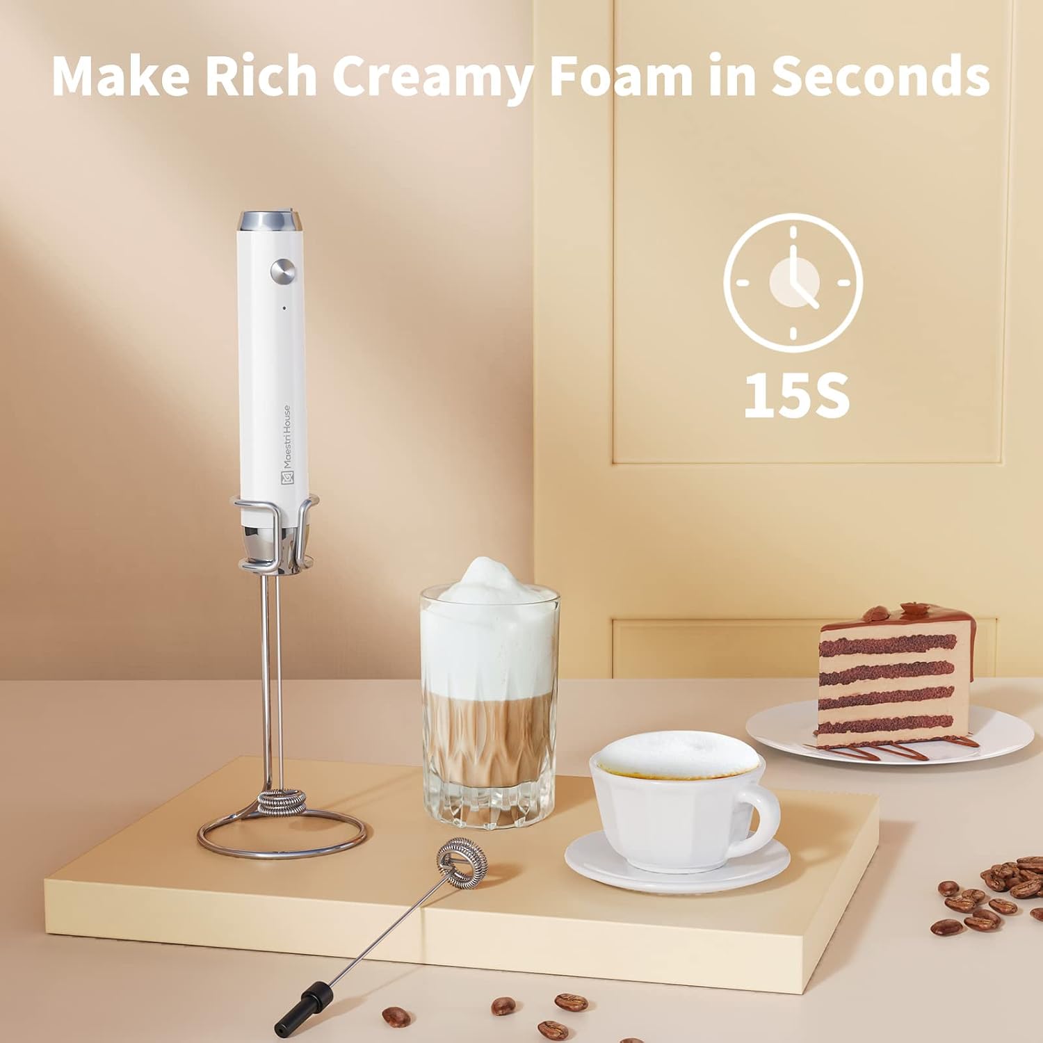 LunaFro Rechargeable Milk Frother,Stand & 2 Detachable Whisks | 8000RPM Turbo Motor, 1200mAh lithium battery