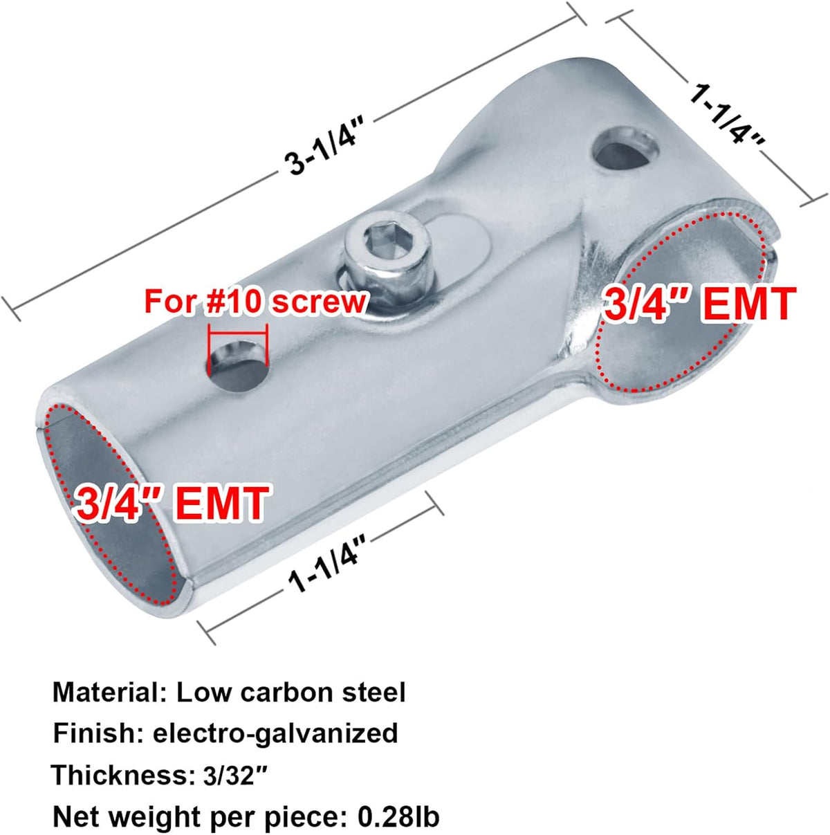 10 Sets T Pipe Connectors Tee Clamps, Fits 3/4" EMT Conduit Directly | Adapter Shims for 1/2" EMT