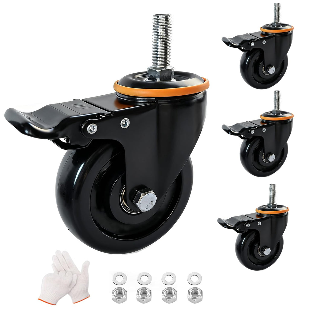 4-inch Shaft-Type Universal Caster 1600 lbs, Set of 4 Heavy Duty 0.472 Coarse Thread (Length 1.1811 inches), Safety