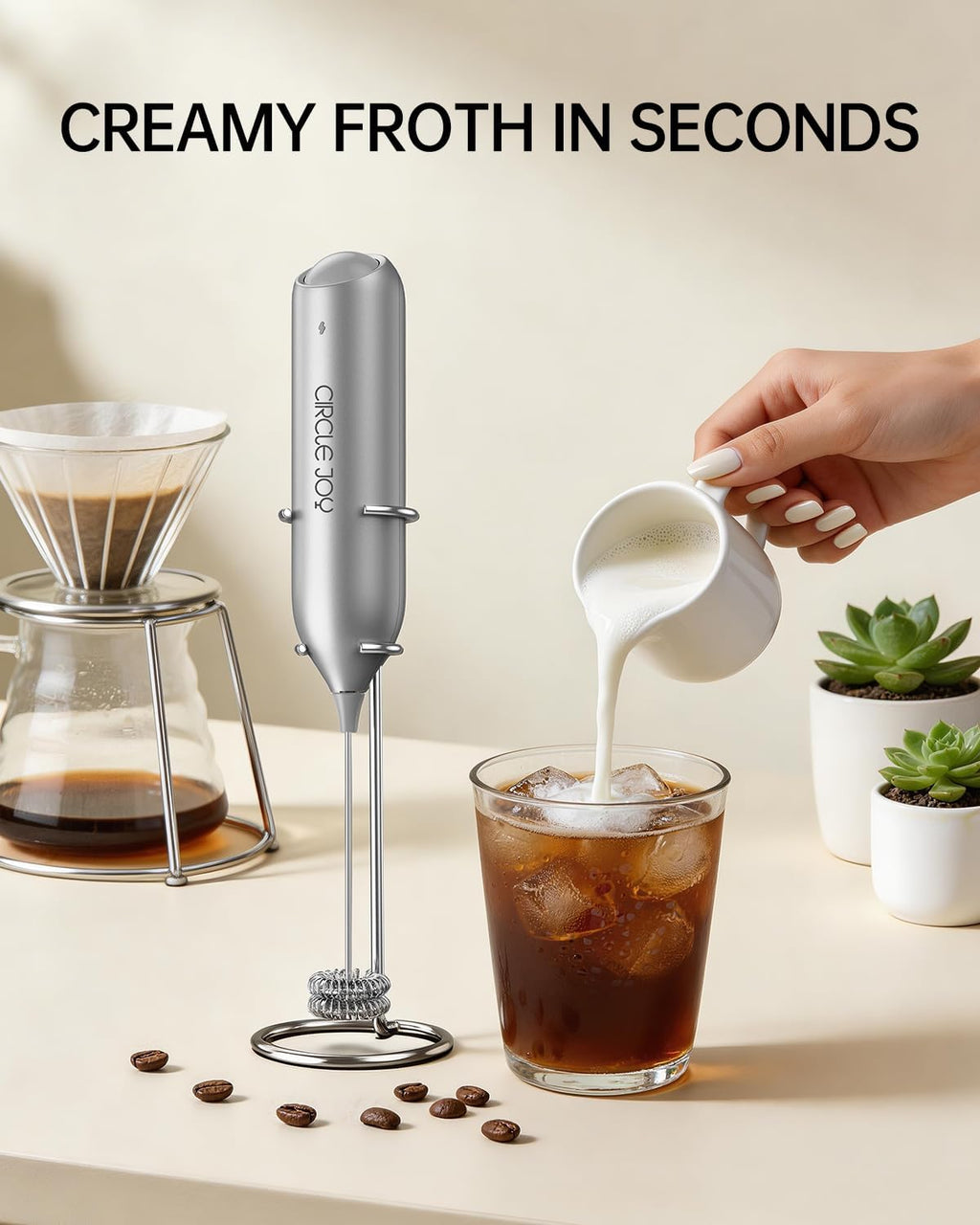 Rechargeable Milk Frother Handheld with Stand, Dual Spring Whisk Electric Foam Maker, Detachable Hand Frother Wand