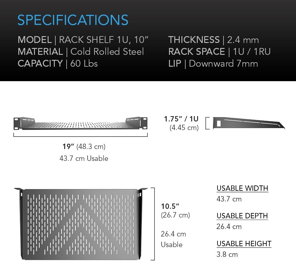 AC Infinity Vented Rack Shelf 1U, 10" Deep for 19" Servers & Racks