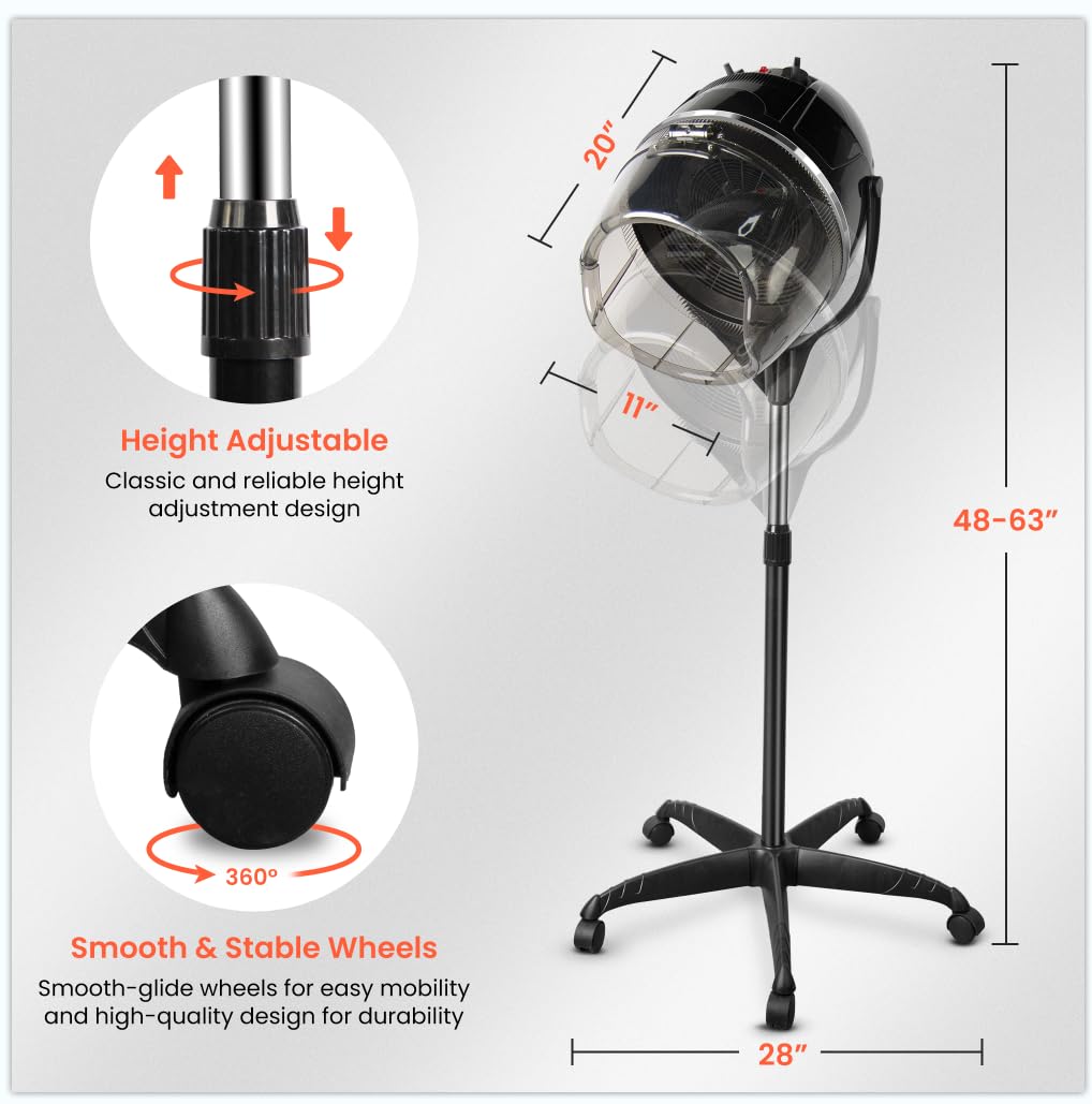 Professional Hooded Bonnet Hair Dryer Stand, Rolling Wheels & Timer