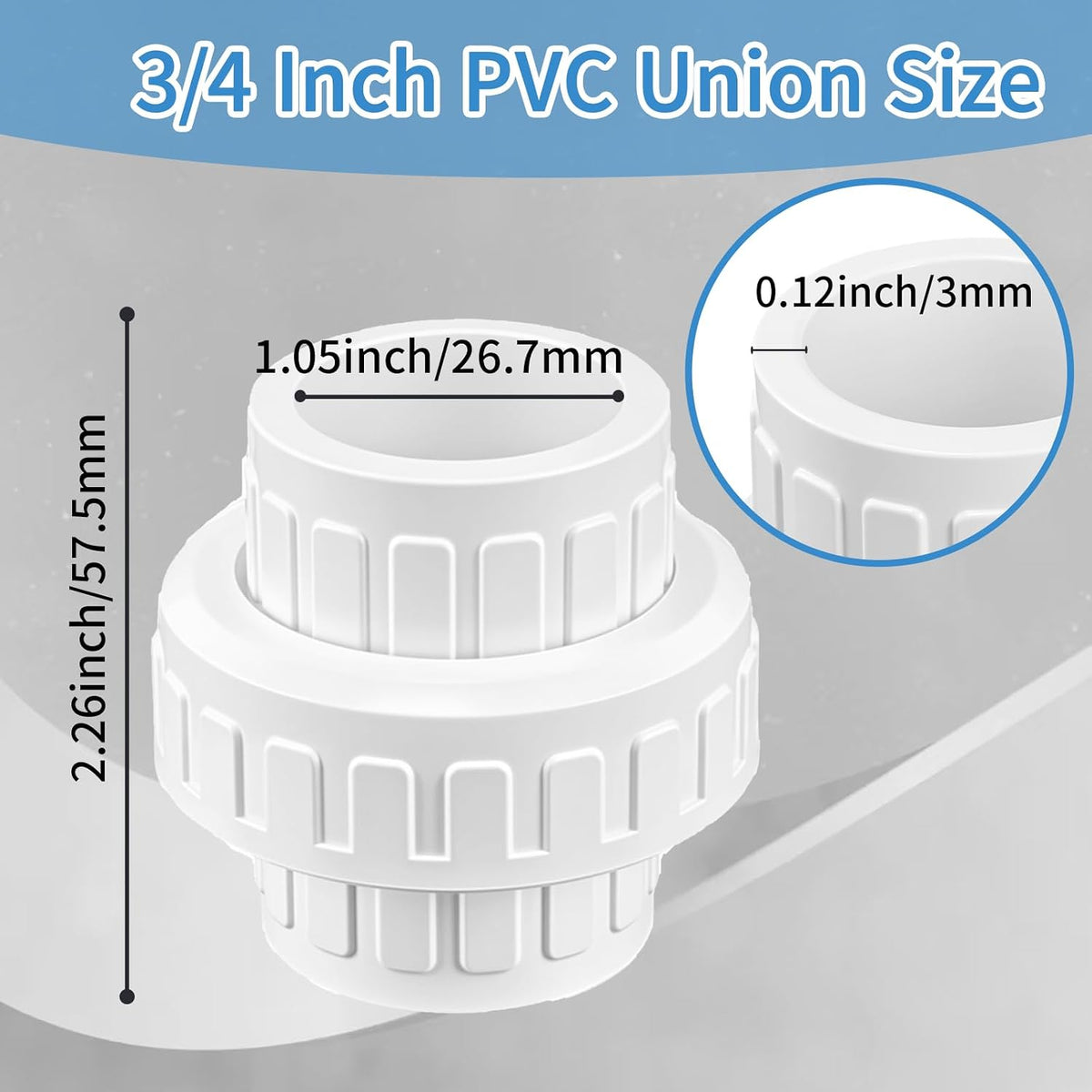 2 Pcs 3/4" PVC Union Pipe Fitting (Socket x Socket), 3/4 inch PVC Slip Union Coupling Adapter Connectors with EPDM O-Ring, Schedule 40