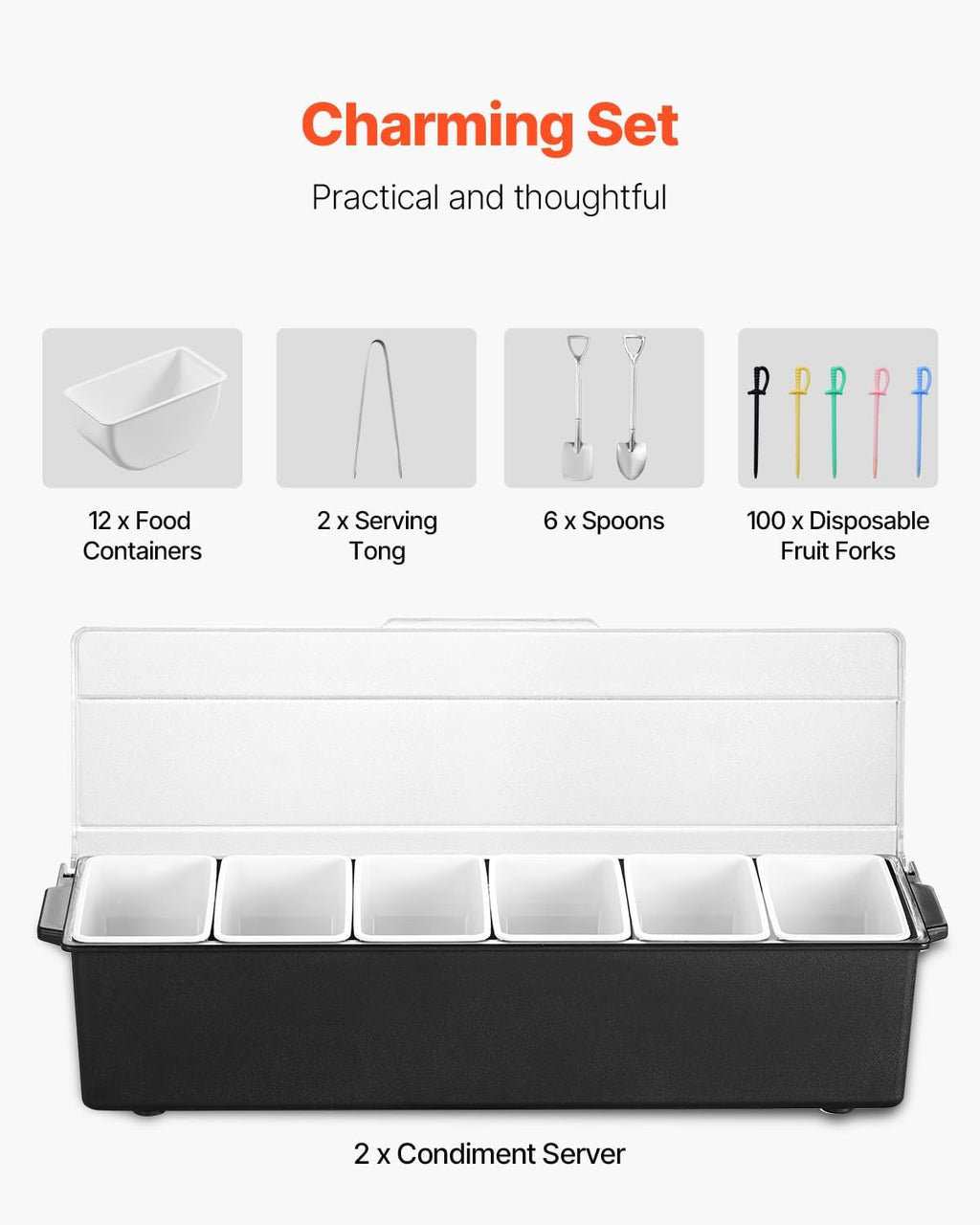 Ice Cooled Condiment Serving Container, 6 Compartments Chilled Server, Fruit Veggie Condiment Caddy, Plastic Garnish
