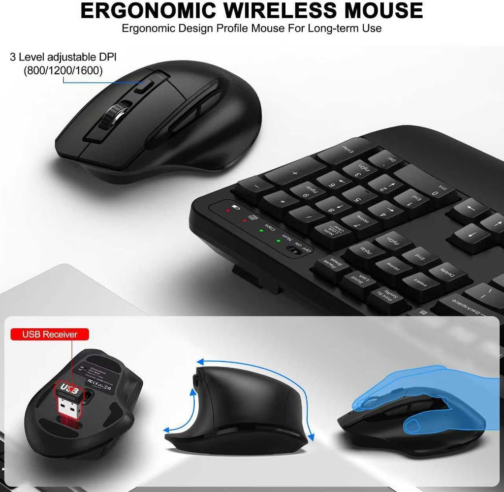 Wireless Keyboard and Mouse Combo, 2.4G Ergonomic Wave Keys(Black) | Full Size Wave Keyboard with Wrist Rest, 3-Level