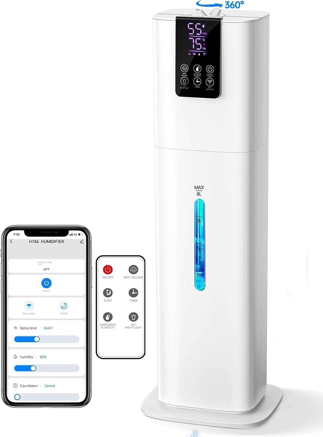 8L Smart Humidifiers for Bedroom Large Room, 2.1Gal Cool Mist Top Fill Diffuser Ambient Light, App & Remote Control