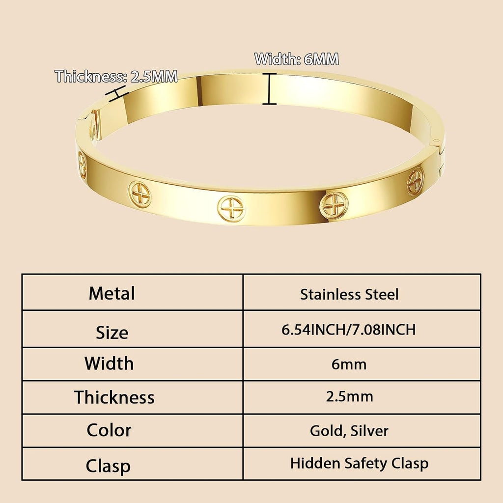 18K Gold-Plated Love Bangle Bracelets for Women, Silver Cross Bangle Bracelets, Waterproof Stainless Steel Friendship