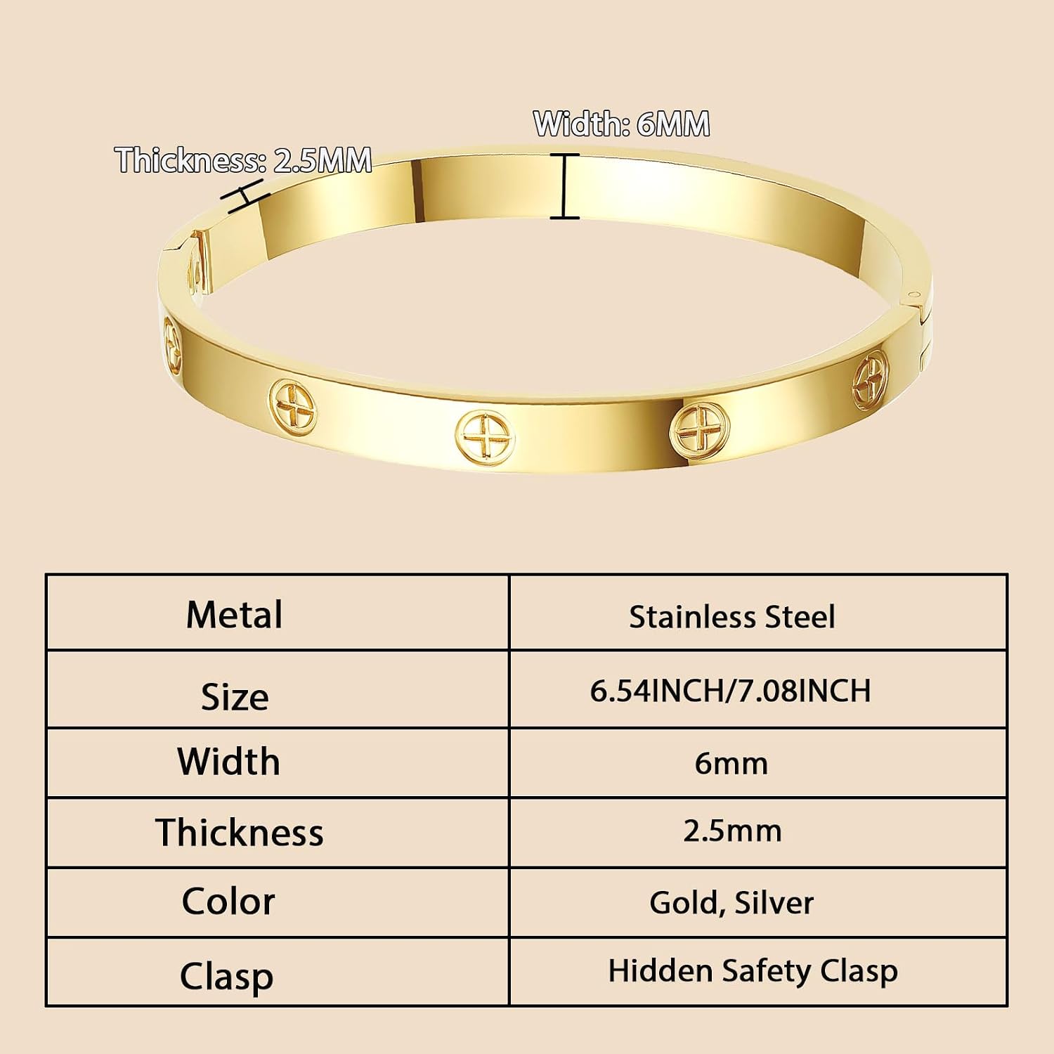 18K Gold-Plated Love Bangle Bracelets for Women, Silver Cross Bangle Bracelets, Waterproof Stainless Steel Friendship