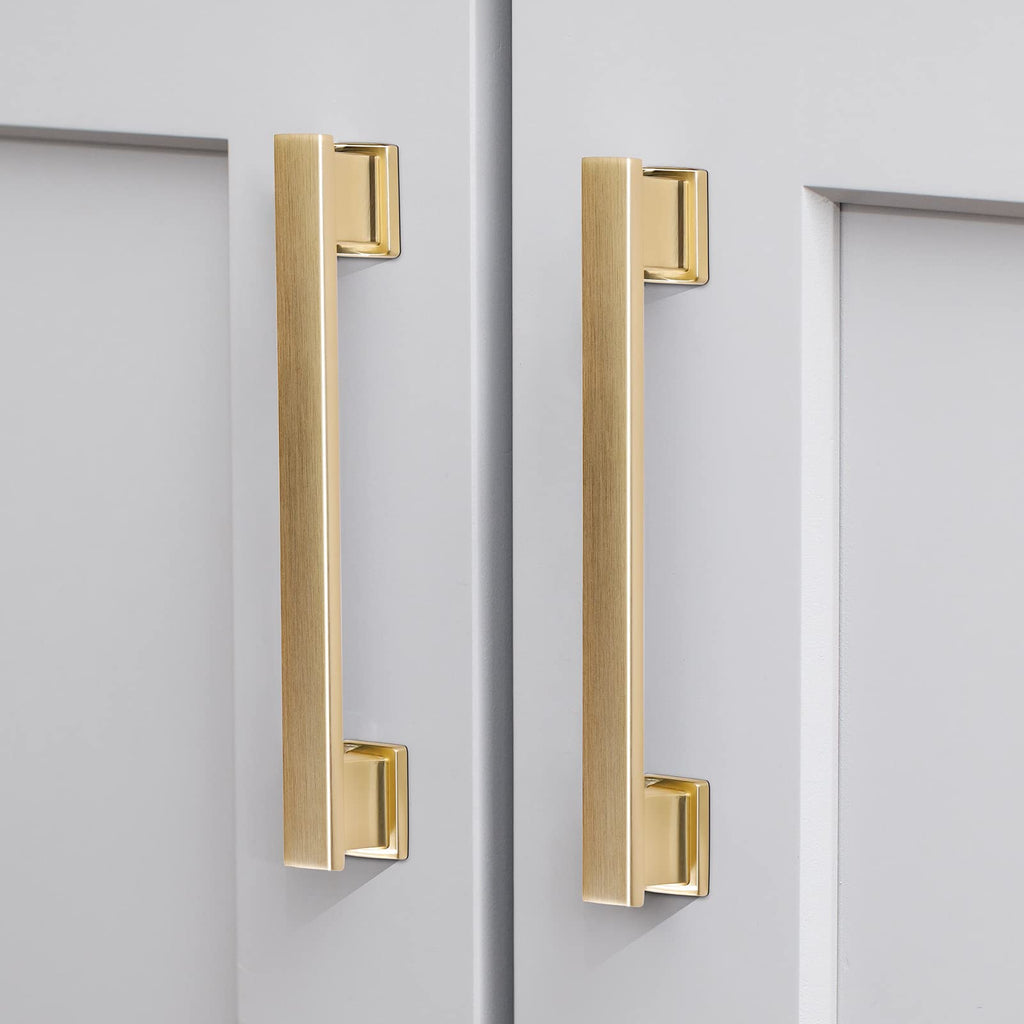 20 Pack Square Brushed Gold Cabinet Pulls, 5 Inch(128mm) Hole Centers Gold Cabinet Handles Hardware for Kitchen