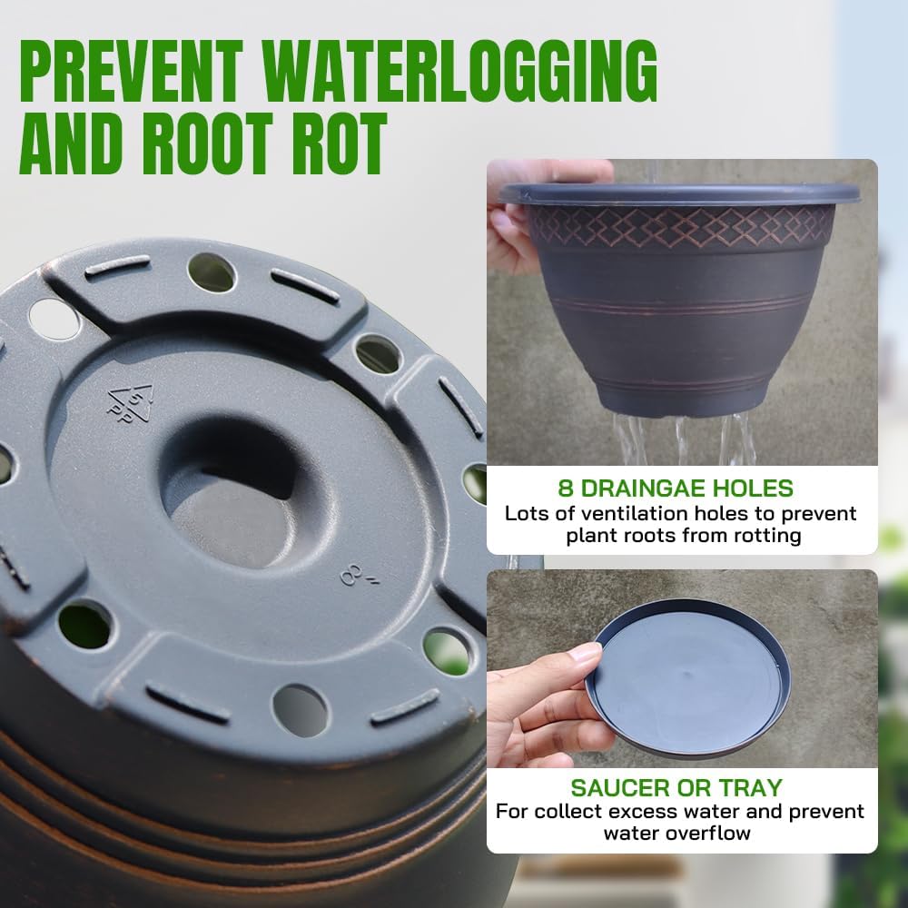 10 Inch Plaid Plant Pots 4 Pack with Drainage and Saucers Copper | Copper plaid PP pots with drainage holes and