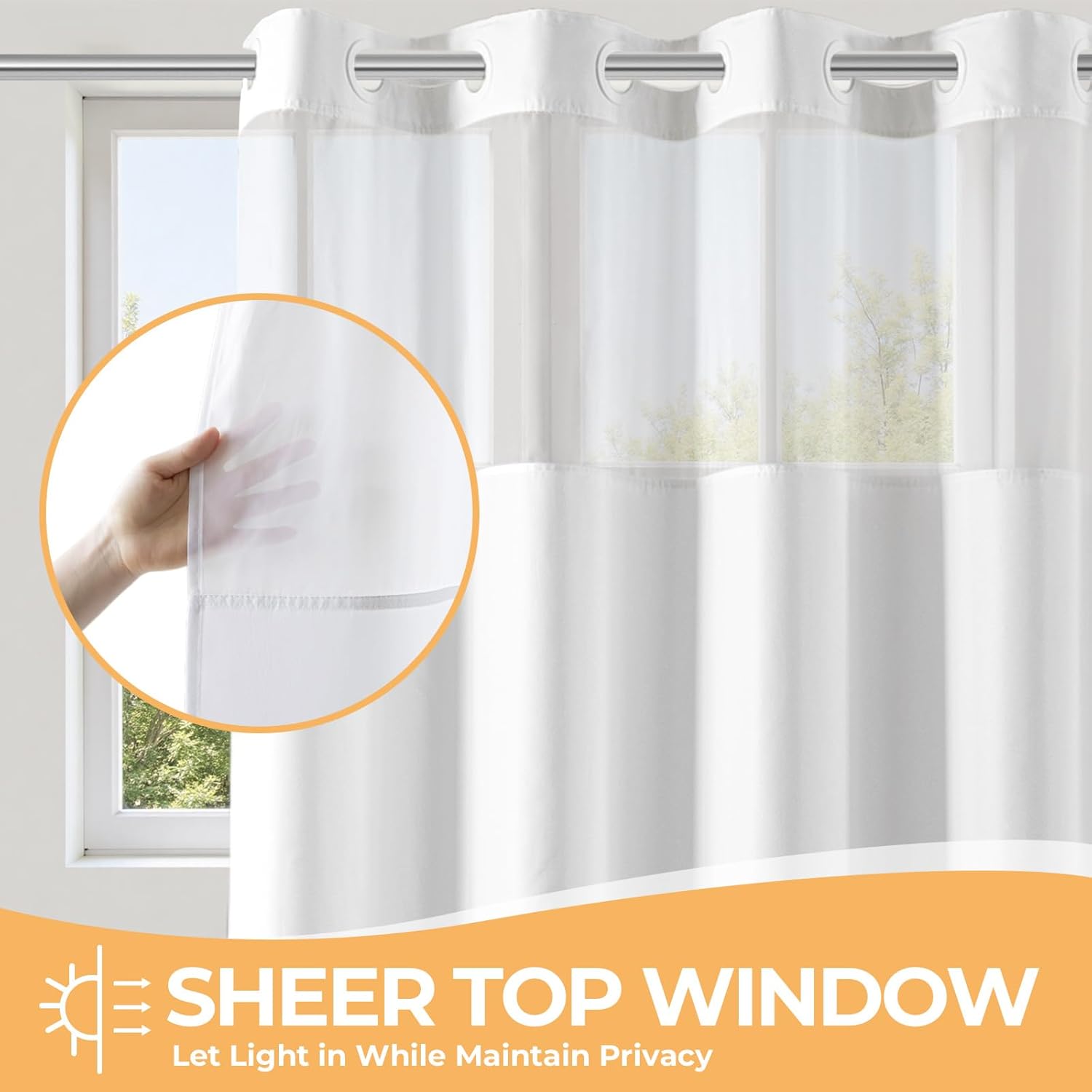 White No Hook Fabric Shower Curtain or Liner with Sheer Window | No Liner Included or Needed, One-Piece Design