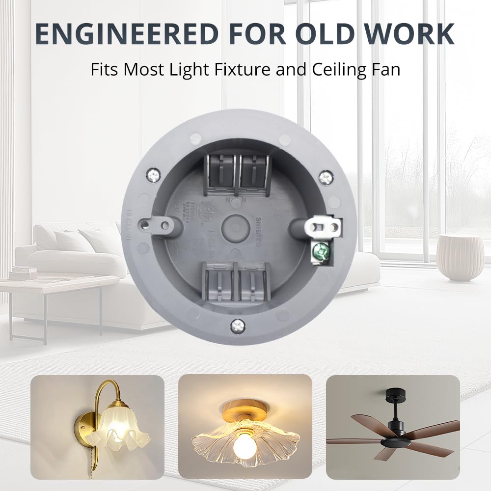 1 Gang Round Old Work Ceiling Box, 18 Cubic Inches (1 Pack) | 4.25” Dia PVC Round Old Work Outlet Box,Grounded