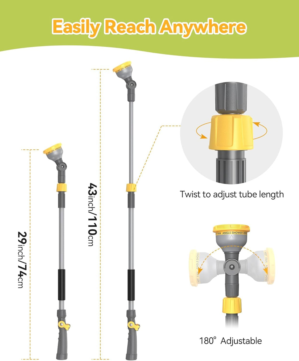 Watering Wand for Garden Hose, Adjustable 29–43 Inch Watering Wand with 10 Spray Patterns & 180° Swivel Head, Thumb
