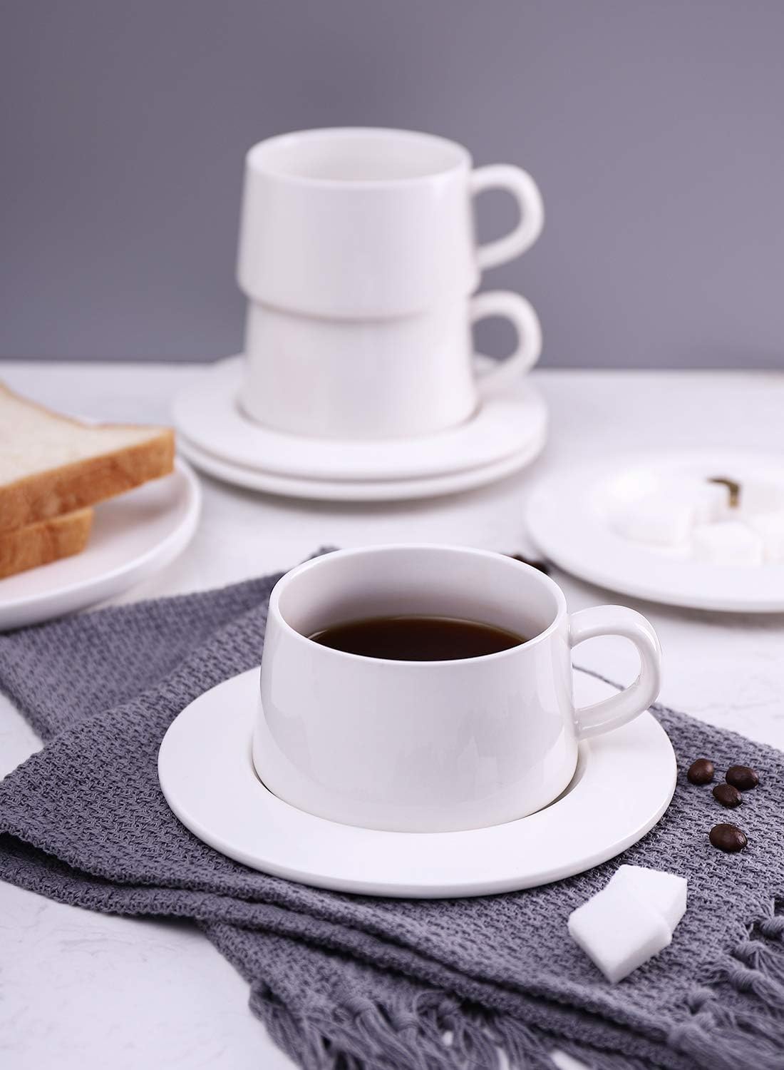 Porcelain Stackable Cappuccino Cups with Saucers - 8 Ounce for Specialty Coffee Drinks, Cappuccino, Latte, Americano