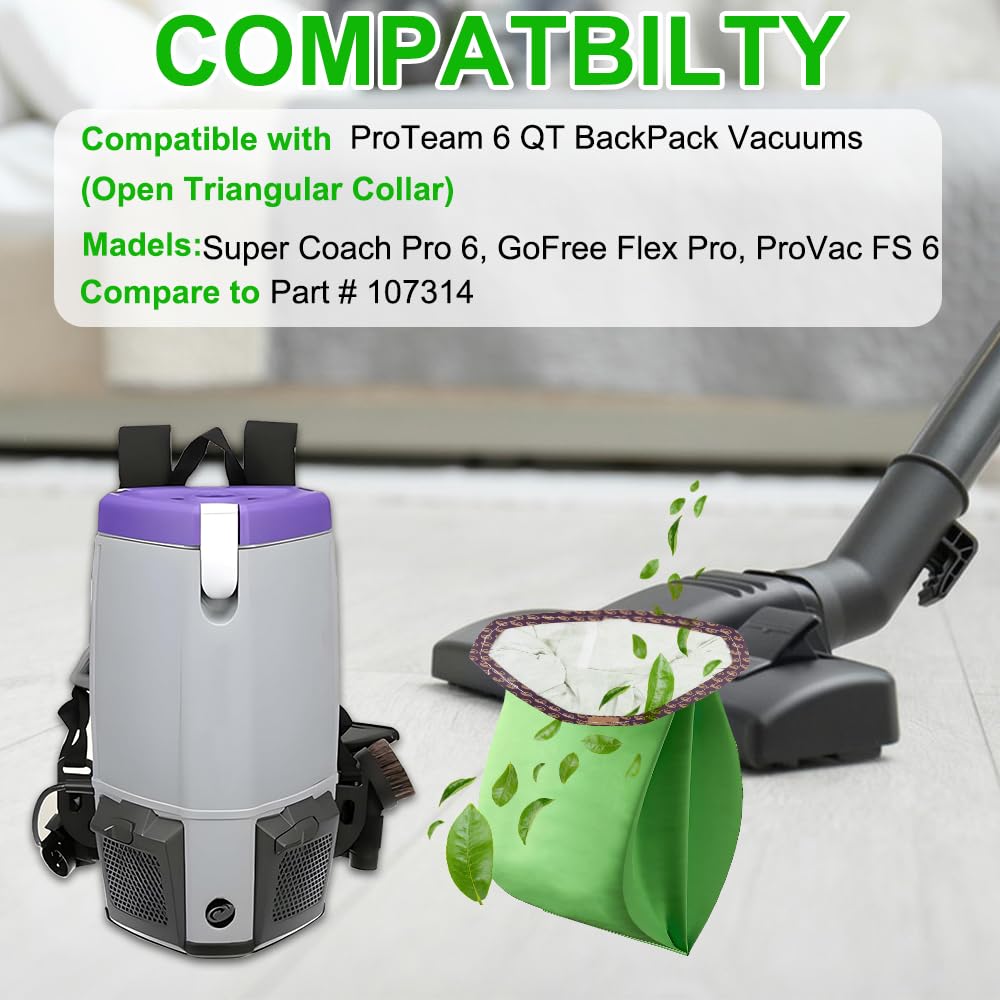 5 Pack 107314 Backpack Vacuum Bags Compatible with ProTeam 6 QT Vacuum