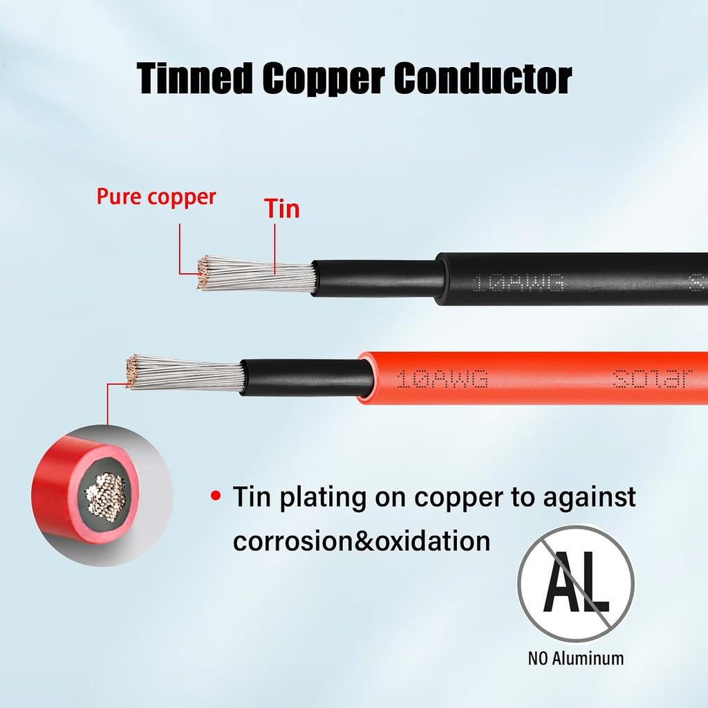 10 AWG Solar Extension Cable 2FT Black + 2FT Red, 10 Gauge Solar Panel Wire Male to Female Tinned Copper Wire for