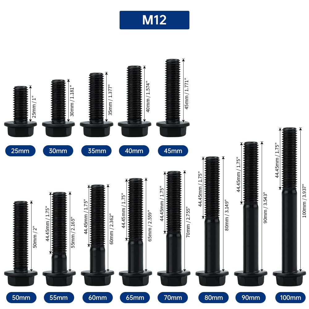 8 Sets M12 x 35mm Flange Hex Bolt + Nut + Flat & Lock Washer Black 10.9