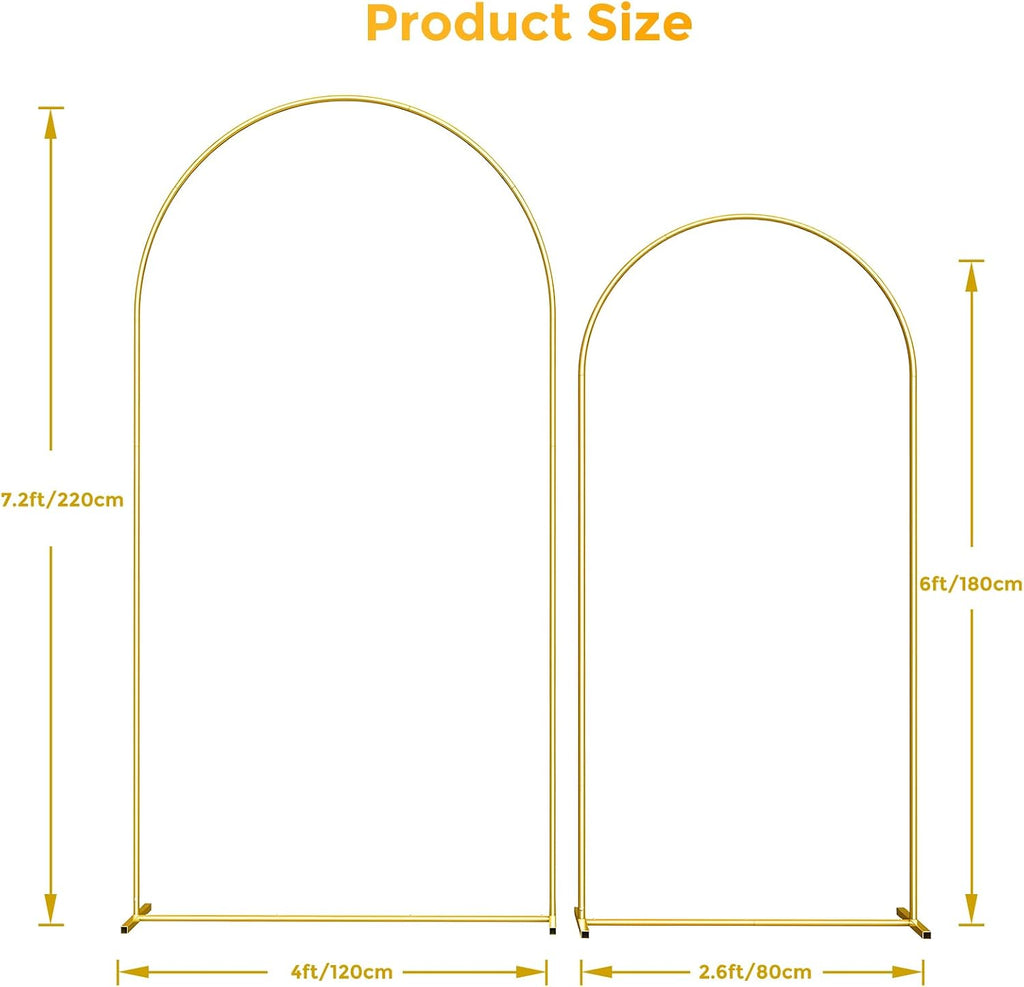 Metal Arch Backdrop Stand, 7.2FT+6FT Wedding Arch Frame, Gold Wedding Arch Backdrop Stand Set of 2, Balloon Arch