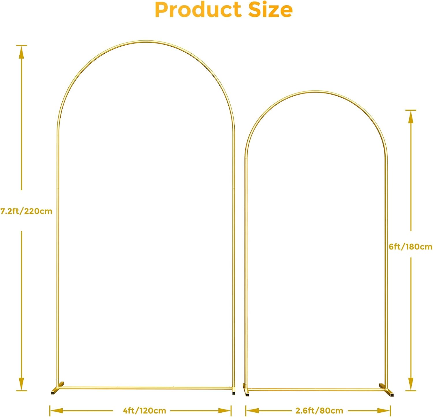 Metal Arch Backdrop Stand, 7.2FT+6FT Wedding Arch Frame, Gold Wedding Arch Backdrop Stand Set of 2, Balloon Arch