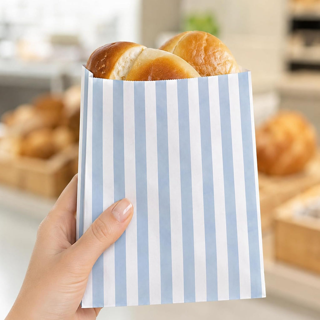 120Pcs Flat Paper Bags, Sandwich Treat Bag, Blue White Stripe