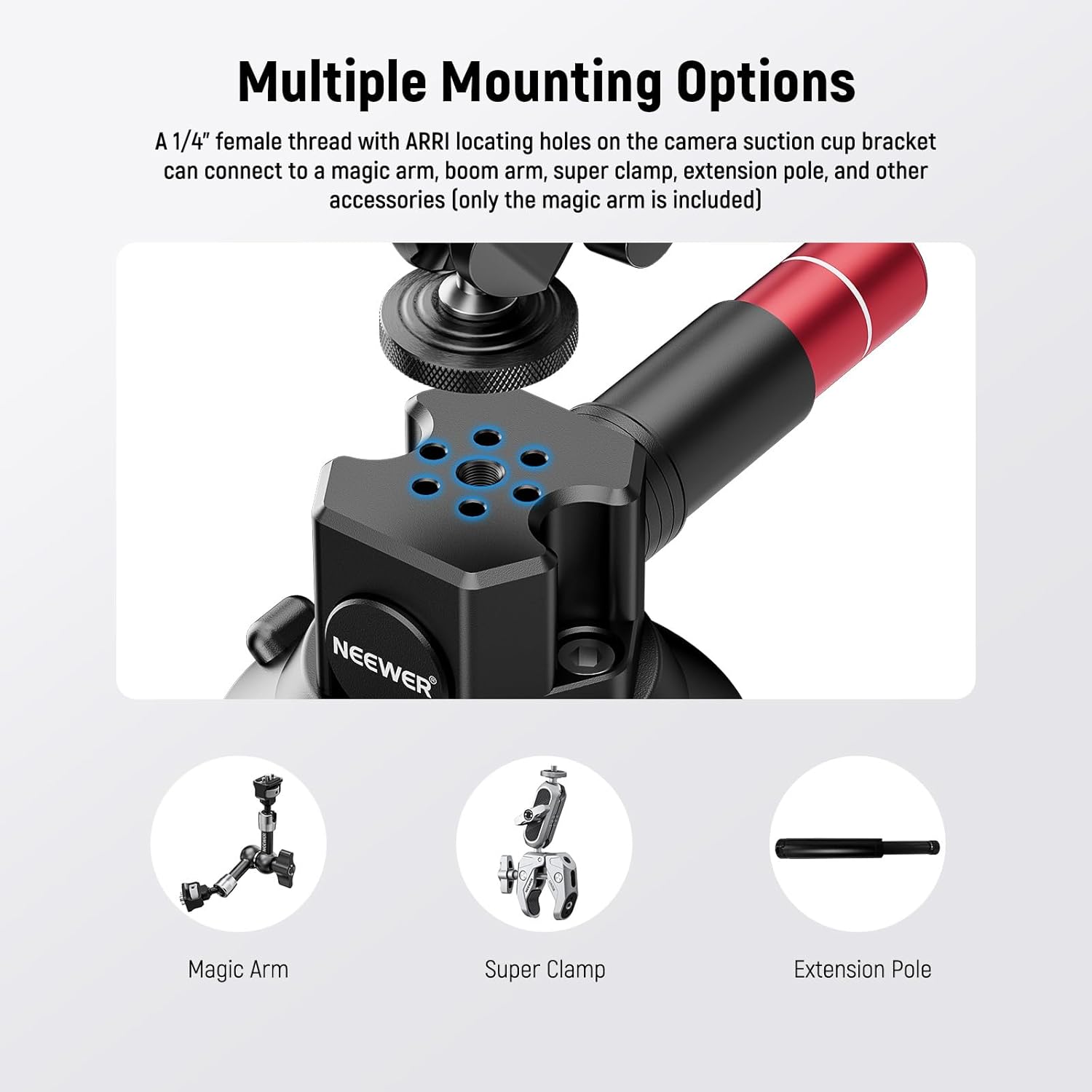 3" Suction Cup Camera Mount Bracket with Ball Head Magic Arm, 1/4" ARRI Holes, Quick Release Car Mount with Phone