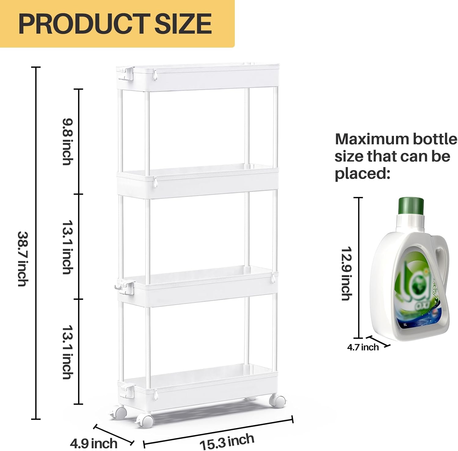 Slim Rolling Storage Cart 4 Tier Bathroom Organizer Mobile Shelving Unit Utility Cart Tower Rack for Kitchen Laundry