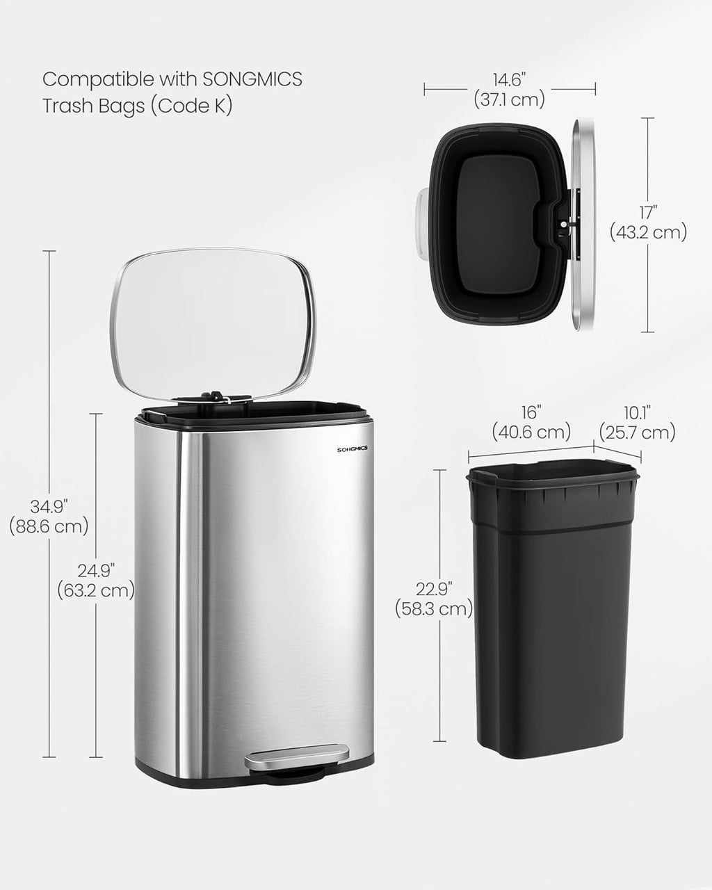 13 Gallon (50 L) Trash Can, Stainless Steel Kitchen Garbage Can, Recycling or Waste Bin, Soft Close, Step-On Pedal