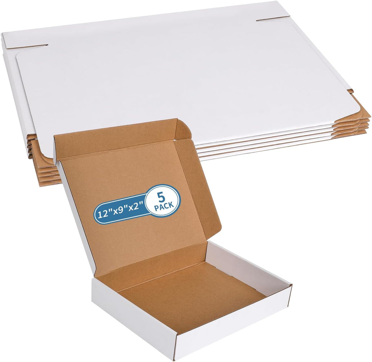 12" x 9" x 2" White Corrugated Cardboard Shipping Boxes Set of 5